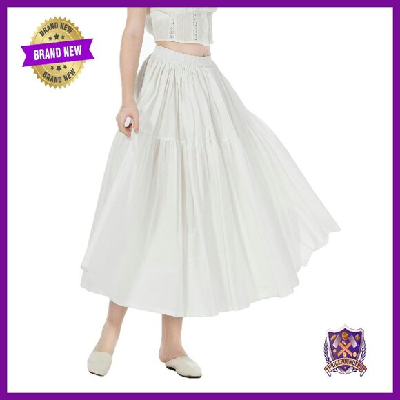 100% Cotton A-Line Skirt High Elastic Waist Pleated Pockets Midi
